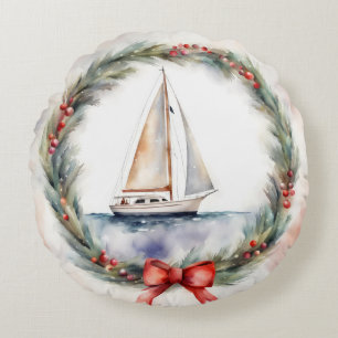 Almofada Redonda Watercolor Sailboat Na Rua De Natal