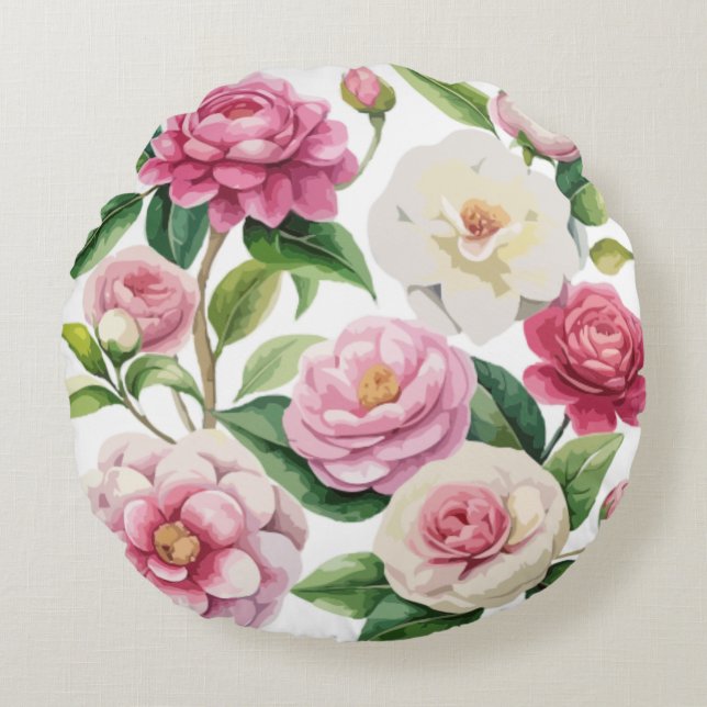 Almofada Redonda Watercolor Vibrant Camellia (Frente)