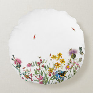 Almofada Redonda Watercolor Wildflower Insetos Floral Primavera Gar