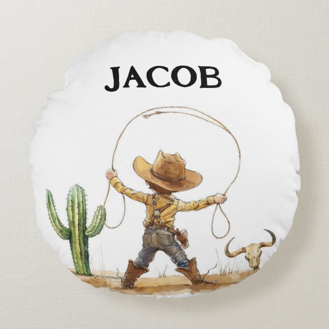 Almofada Redonda Western Nursery Decor, Cowboy Personalizado (Frente)