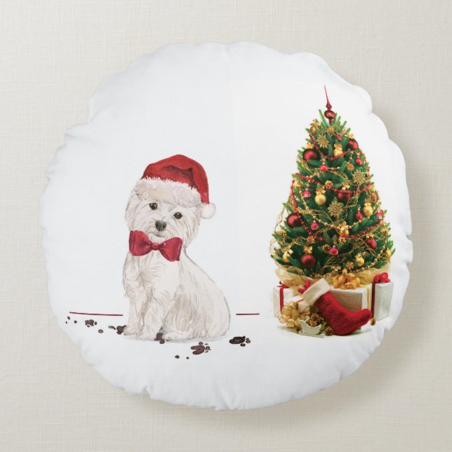 Almofada Redonda Westie Natal Divertido com Árvore (Frente)