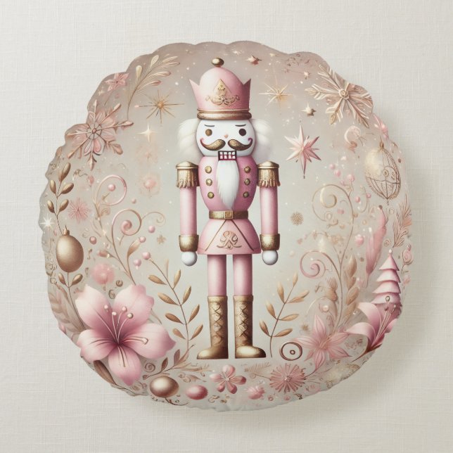 Almofada Redonda Whimsical Elegant Pink and Gold Pastel Nutcracker  (Frente)