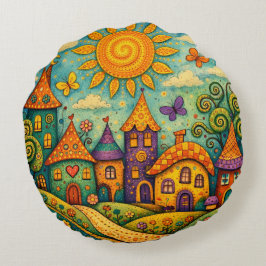 Almofada Redonda Whimsical Fairy Tale Village Colorful Canvas Art