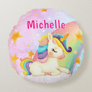 Almofada Redonda Whimsical Rainbow Unicorn Girl's Name Room 