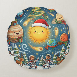Almofada Redonda Whimsical Solar System Christmas Party with peopl