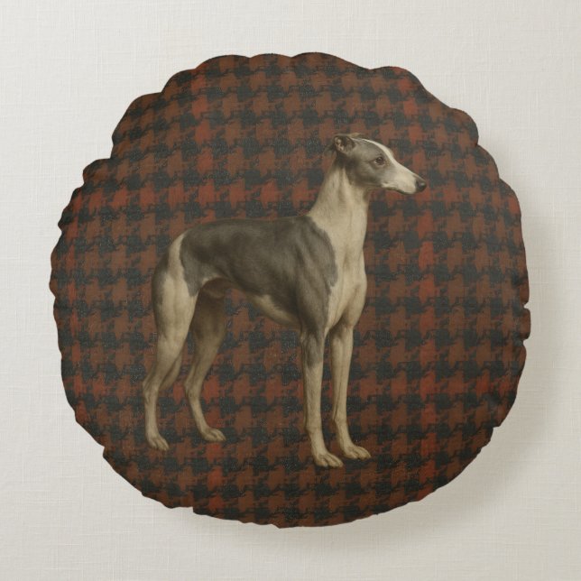 Almofada Redonda Whippet round cushion. Whippet on tweed/tartan (Frente)