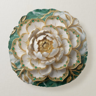 Almofada Redonda White Peony Gold Filigre Emerald Luxury Floral Art