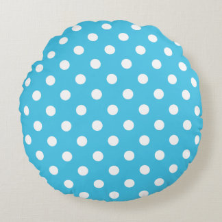 Almofada Redonda White Polka Dots on Aqua Blue Round Pillow
