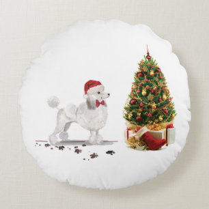 Almofada Redonda White Poodle Engraçado Cachorro de Natal com Árvor
