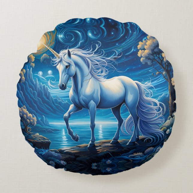 Almofada Redonda White Unicorn Fantasy Full Moon (Frente)