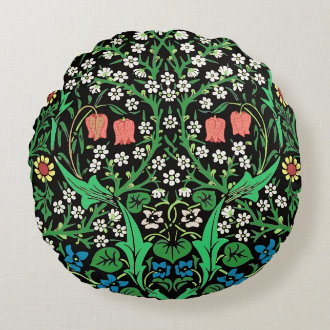 Almofada Redonda William Morris Jacobean Floral, Fundo Negro (Frente)