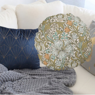 Almofada Redonda William Morris Ouro Lily Blue Dourado Classic