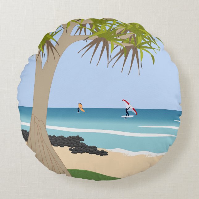 Almofada Redonda Wing Foil Surfers Pandanus Tree na Praia (Frente)