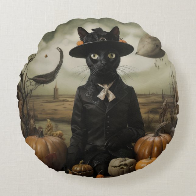 Almofada Redonda Witch Cat with Pumpkins  (Frente)