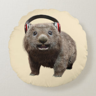 Almofada Redonda Wombat engraçado com fones de ouvido Animal Legal