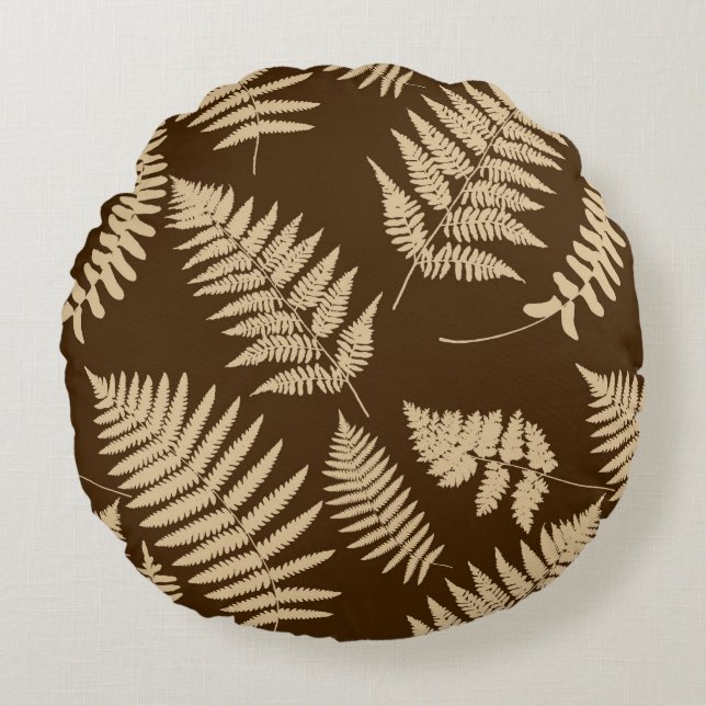 Almofada Redonda Woodland Fern Pattern, Brown e Beige (Frente)