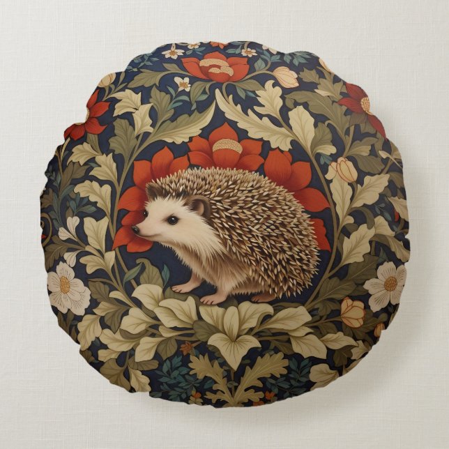 Almofada Redonda Woodland Hedgehog William Morris Inspirou (Frente)