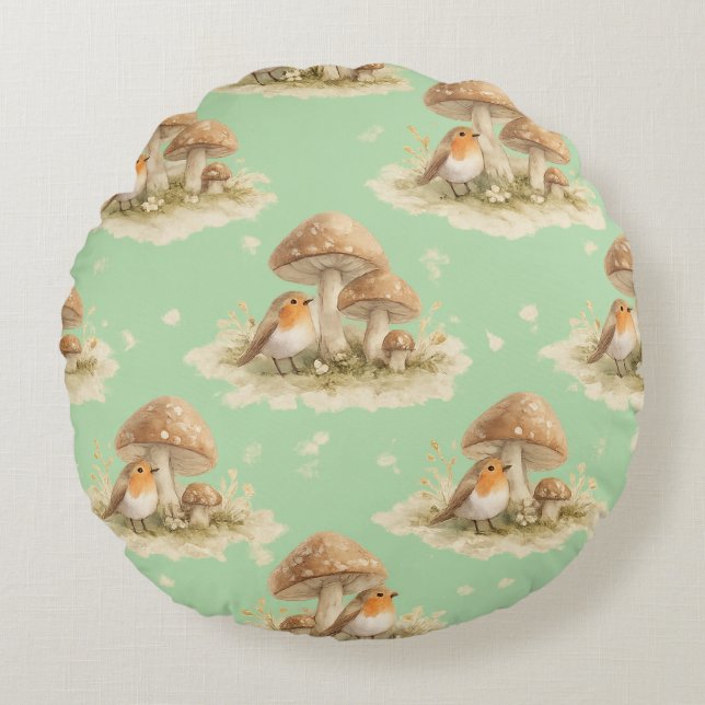 Almofada Redonda Woodland Robin & Mushroom Watercolor Pattern (Frente)