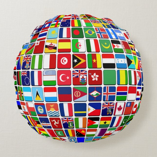 Almofada Redonda World Flags Globe, Internacional, (Frente)