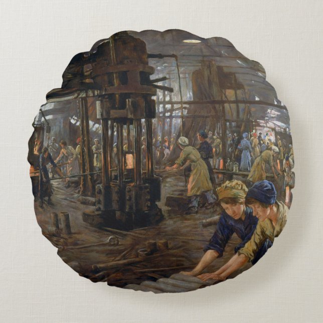 Almofada Redonda WW1 1918 Mulheres Trabalhando em Munições uma Fábr (Frente)