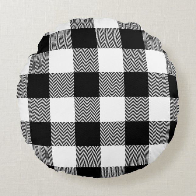 Almofada Redonda Xadrez de Búfalo Chevron Preto e Branco (Frente)