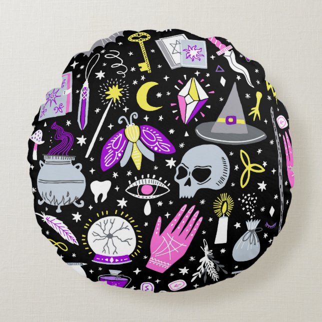 Almofada Redonda Xadrez de tartan castanho-laranja-vírgula. (Frente)