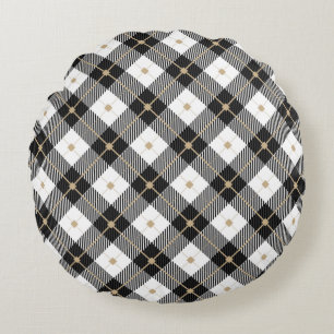 Almofada Redonda Xadrez Preto Branco e Dourado