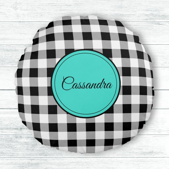 Almofada Redonda Xadrez Preto e Branco Búfalo Meditação (Criador carregado)