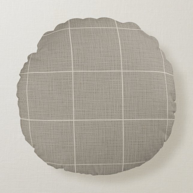 Almofada Redonda Xadrez Russo Moderna de Linen Cinza (Frente)