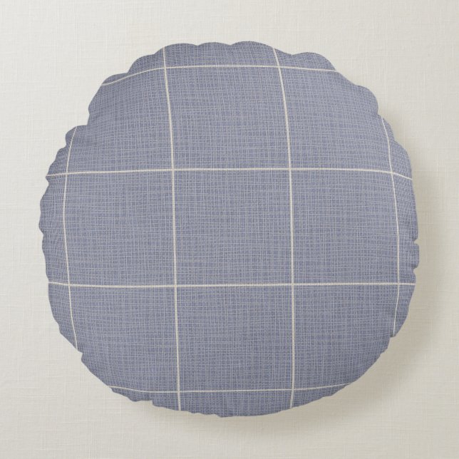 Almofada Redonda Xadrez Russo Moderno do Windows Linen Blue (Frente)