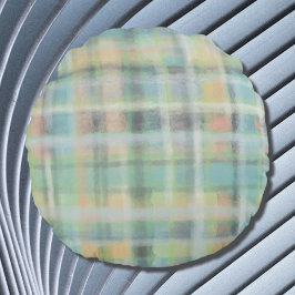Almofada Redonda Xadrez Tartan cinza pastel moderna verde amarelo