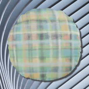 Almofada Redonda Xadrez Tartan cinza pastel moderna verde amarelo