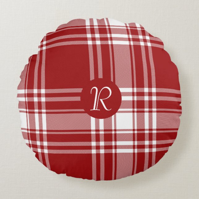 Almofada Redonda Xadrez Tartan Red White Monograma Natal (Frente)