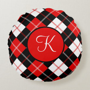 Almofada Redonda Xadrez Vichy Argyle Vermelho Preto Branco Monogram