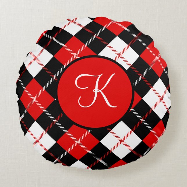Almofada Redonda Xadrez Vichy Argyle Vermelho Preto Branco Monogram (Frente)
