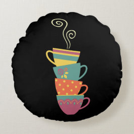 Almofada Redonda Xícaras de porcelana empilhadas, chá, vapor de caf