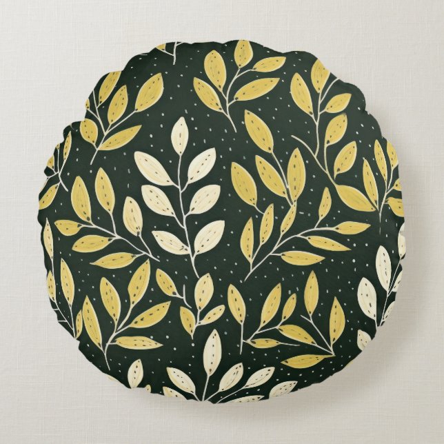 Almofada Redonda Yellow and Cream Leafy Branches Pattern  (Frente)