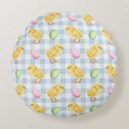 Almofada Redonda Yellow Chicks And Eggs On Blue Gingham Pattern