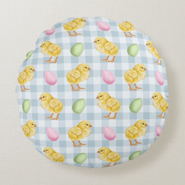 Almofada Redonda Yellow Chicks And Eggs On Blue Gingham Pattern (Frente)