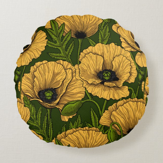 Almofada Redonda Yellow poppies on dark green (Frente)