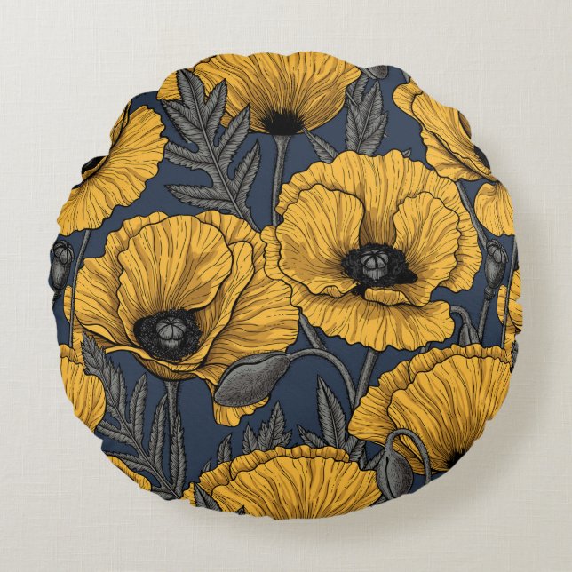 Almofada Redonda Yellow poppies on navy (Frente)