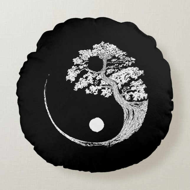 Almofada Redonda Yin Yang Bonsai Tree Budista Japonês Zen (Frente)