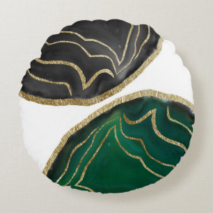 Almofada Redonda Yin Yang Emerald Black Agate Dourado Glam #1 #gem