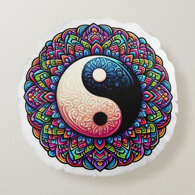 Almofada Redonda Yin Yang Mandala design (Frente)