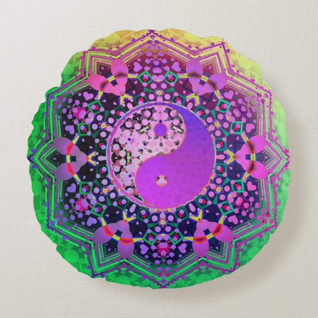 Almofada Redonda Yin Yang Rainbow Love Geometry (Frente)