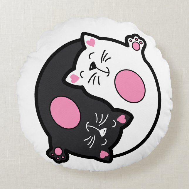 Almofada Redonda Yin Yang Sleeping Cats In Black And White  (Frente)