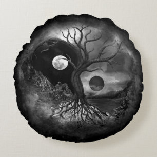 Almofada Redonda Yin Yang Tree Landscape Black and White