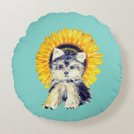 Almofada Redonda Yorkie cachorrinho fofo e girassol em azul turques