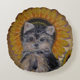 Almofada Redonda Yorkie Pequeno e Fofo e Girassóis