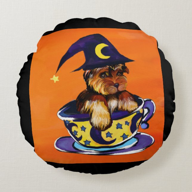 Almofada Redonda Yorkie Poo de Halloween (Frente)